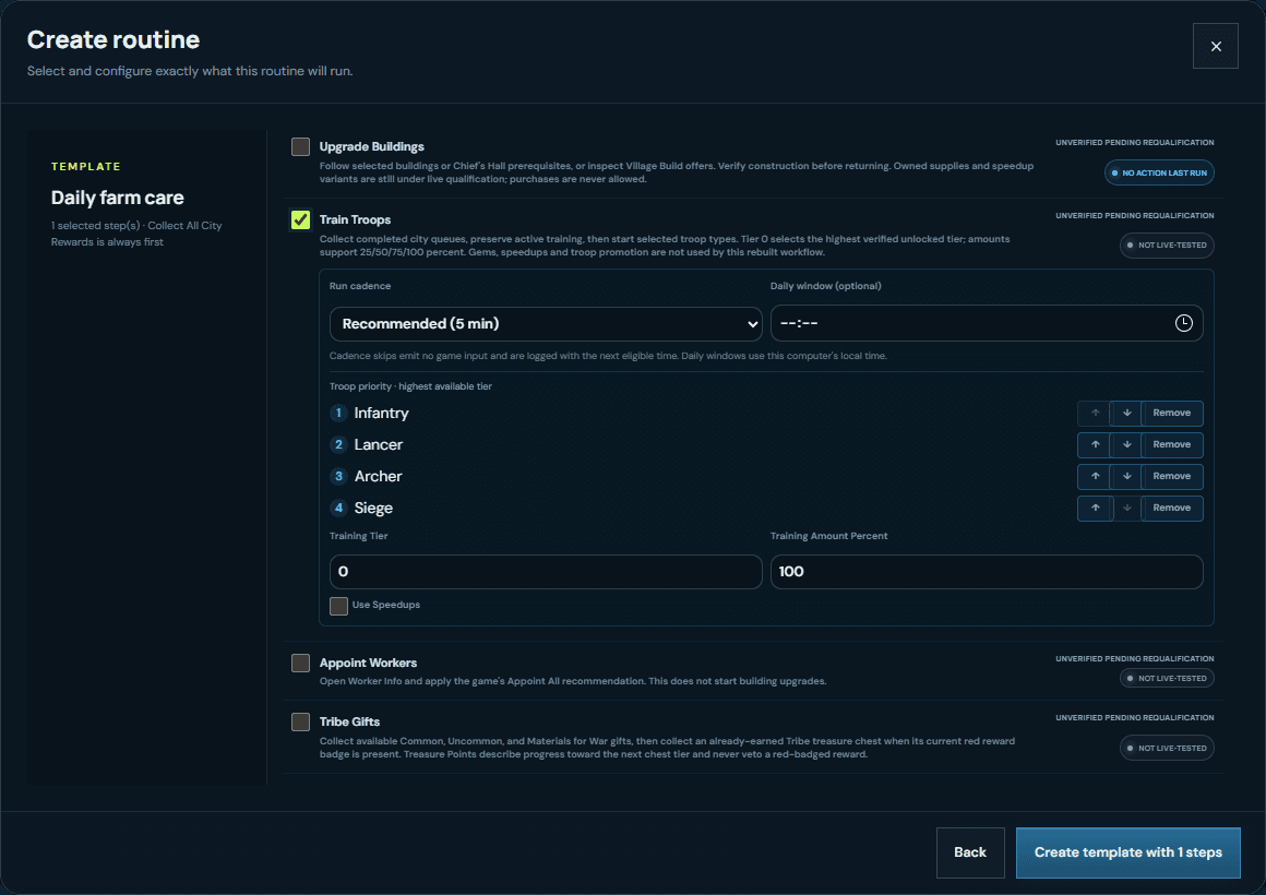 Archived VRA troop-training configuration with per-troop settings