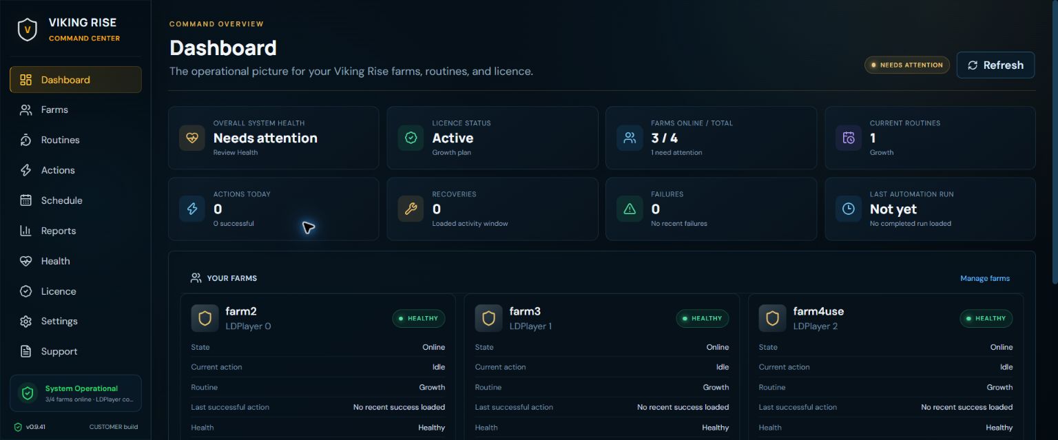 Actual VRA Command Centre dashboard showing farm status, schedules and activity