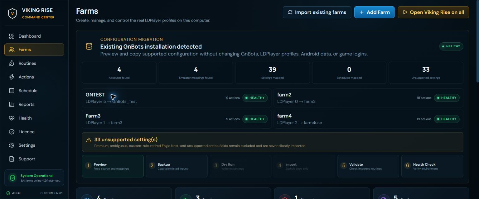 Actual customer migration preview showing GnBots profiles, supported mappings and review state